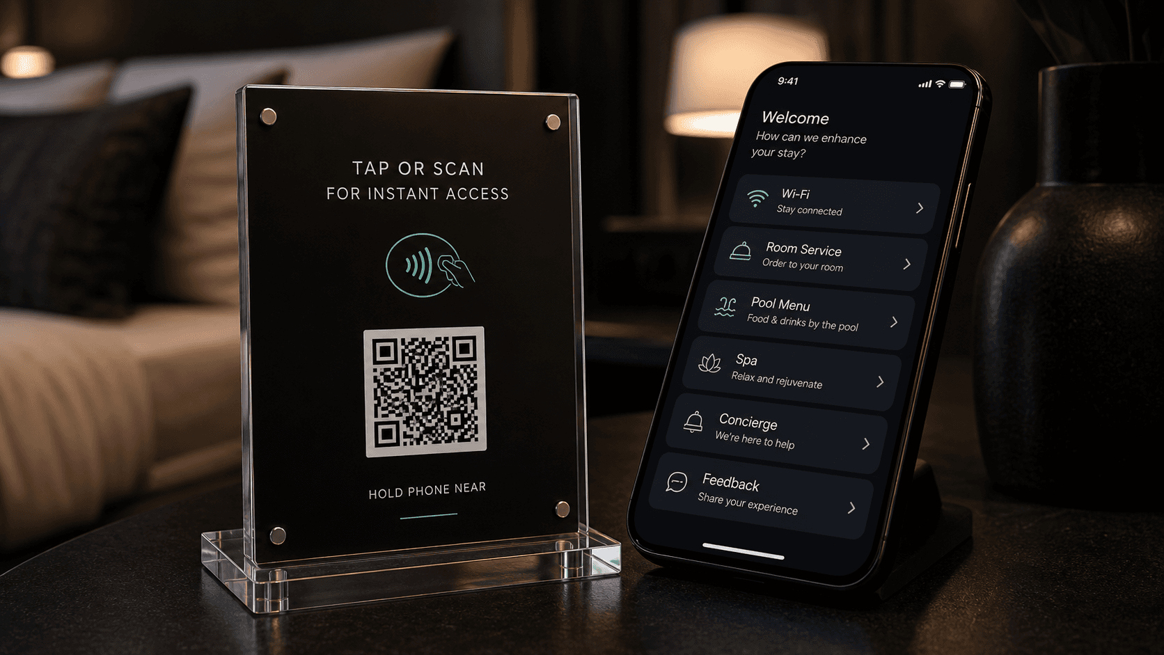 Close-up of hotel guest services including Wi-Fi, room service, pool, spa, concierge, and feedback.